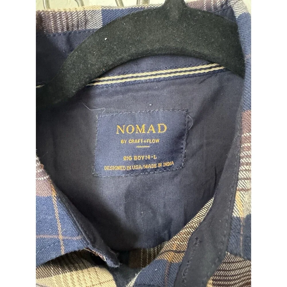 Nomad Craft + Flow Boys 14 Large Navy Tan Plaid Button Up Flannel Shirt
